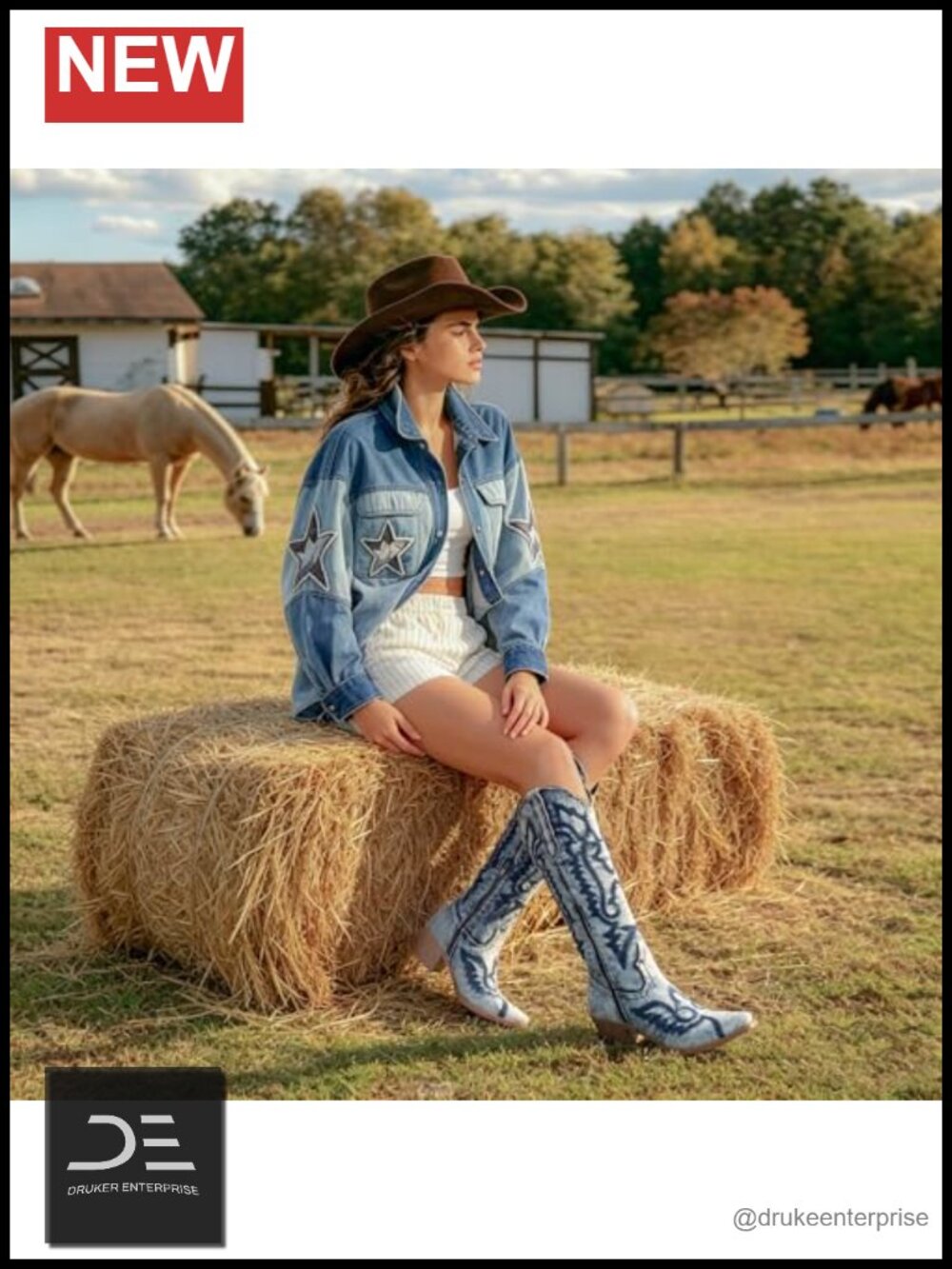 Knee High Denim Embroidered Cowboy Boots Chunky Heel Pointed Toe Vintage - Picture 3 of 6